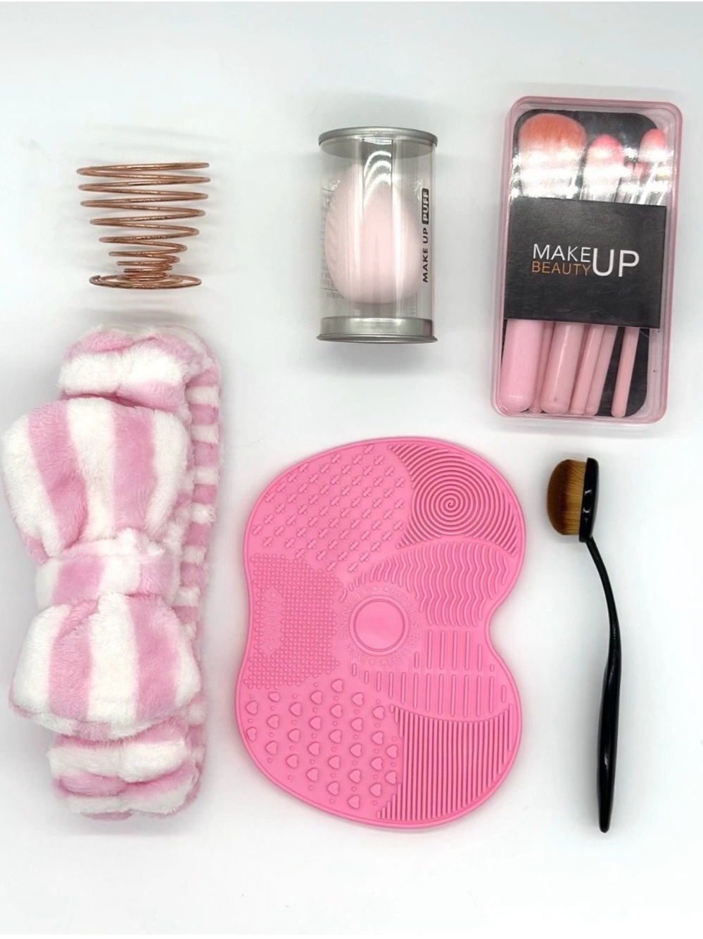 12 Pc Pink Travel Makeup Bundle: Brushes, Cleaning Mat, Spa Headband & Sponge